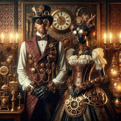 The primary subject of the image is a man and a woman dressed in costumes, standing in front of a clock. The man is wearing a top hat and glasses, while the woman is wearing a top hat and glasses as well. The setting appears to be a room with a clock on the wall, and the visual style is a digital art or illustration. The colors and mood of the image are warm and vintage, with the couple dressed in old-fashioned attire.